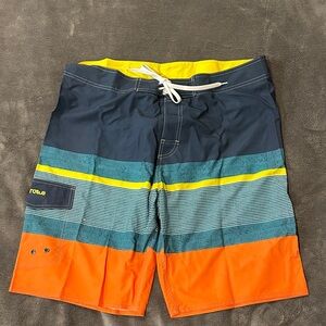 Stylish Men's Swim Board Shorts - Navy, Yellow, and Orange